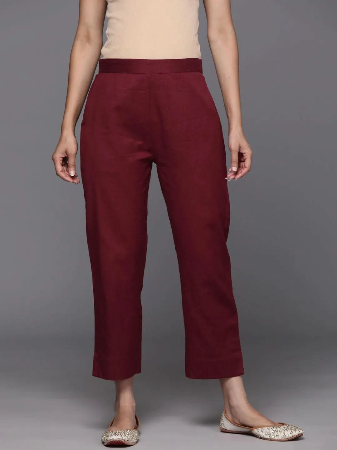Anouk Maroon Solid Cotton Trousers
