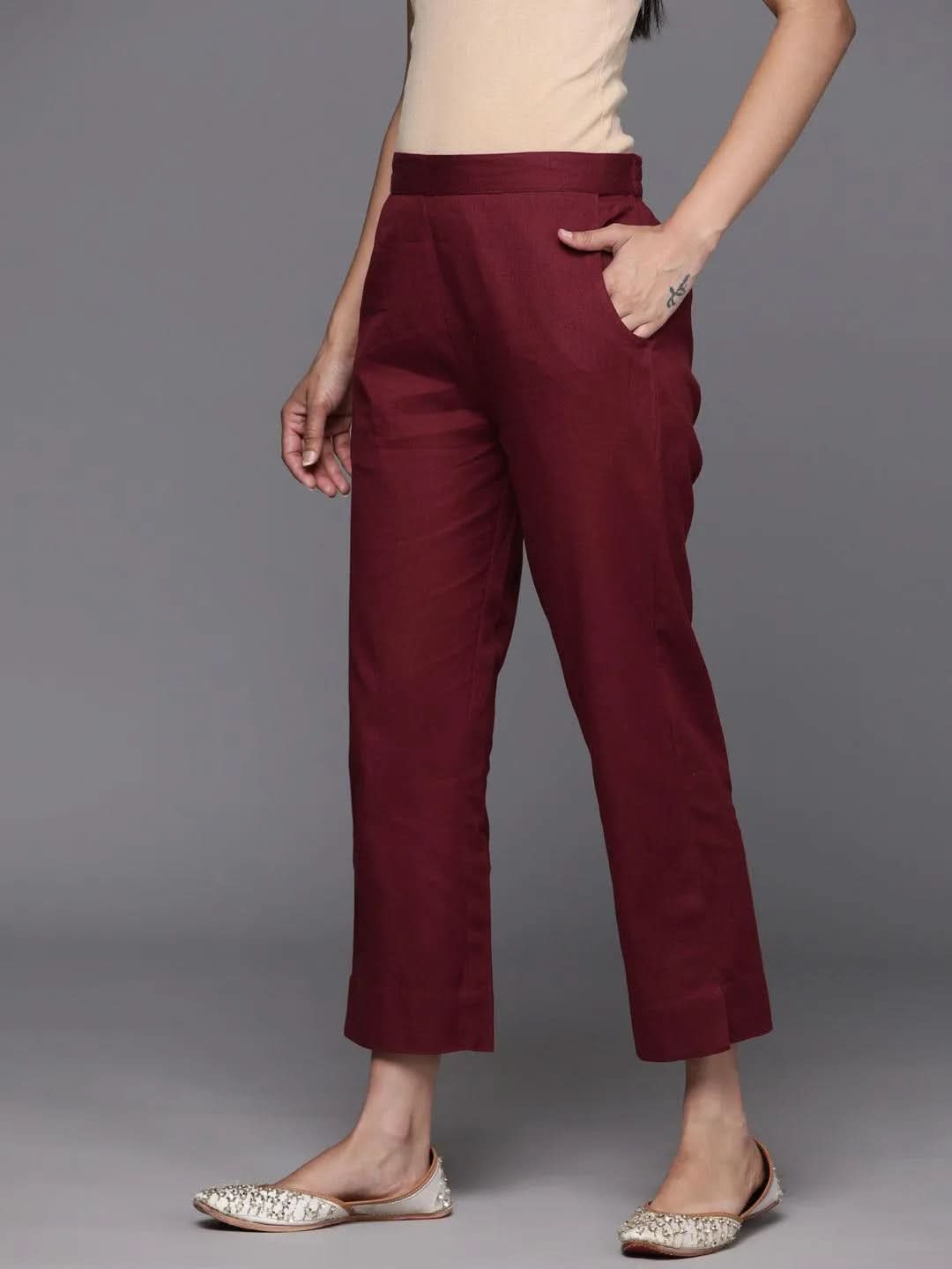 Anouk Maroon Solid Cotton Trousers