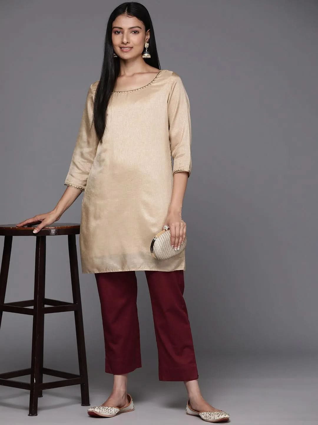 Anouk Maroon Solid Cotton Trousers