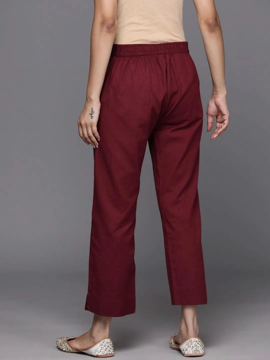 Anouk Maroon Solid Cotton Trousers