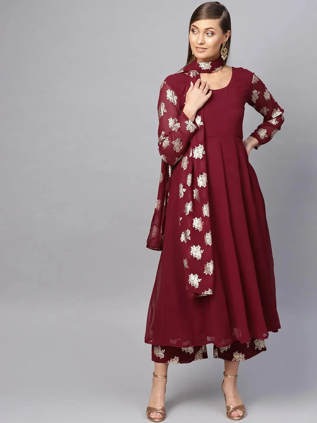 Anouk Maroon Solid Georgette Anarkali Kurta With Stole