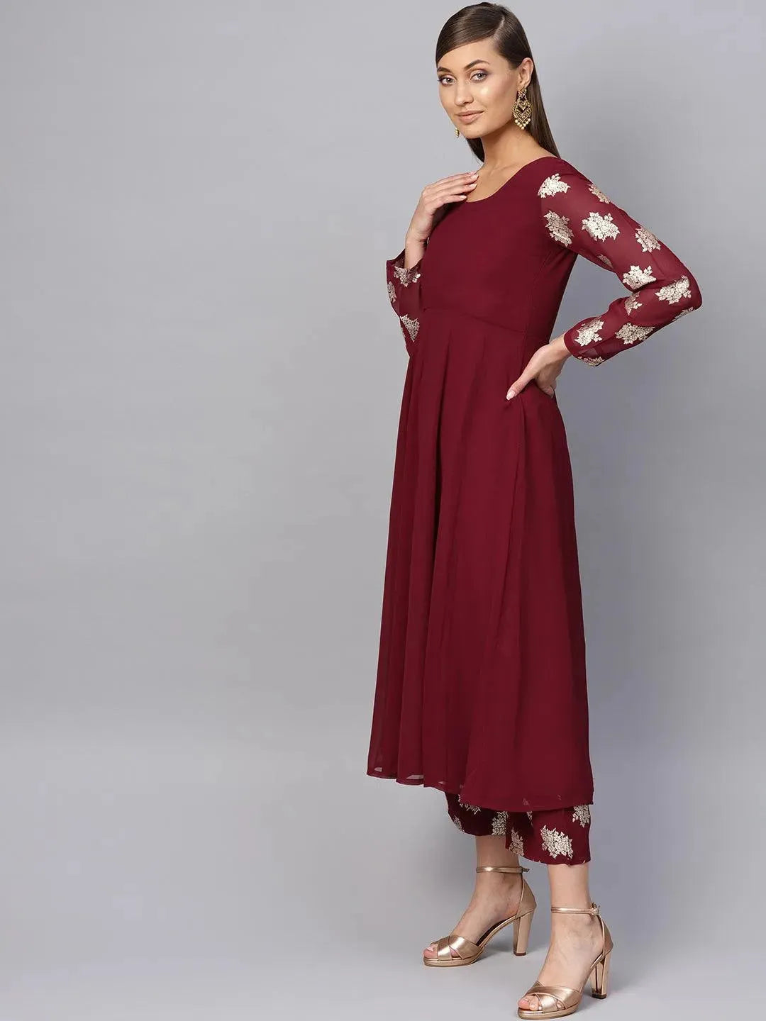 Anouk Maroon Solid Georgette Anarkali Kurta With Stole