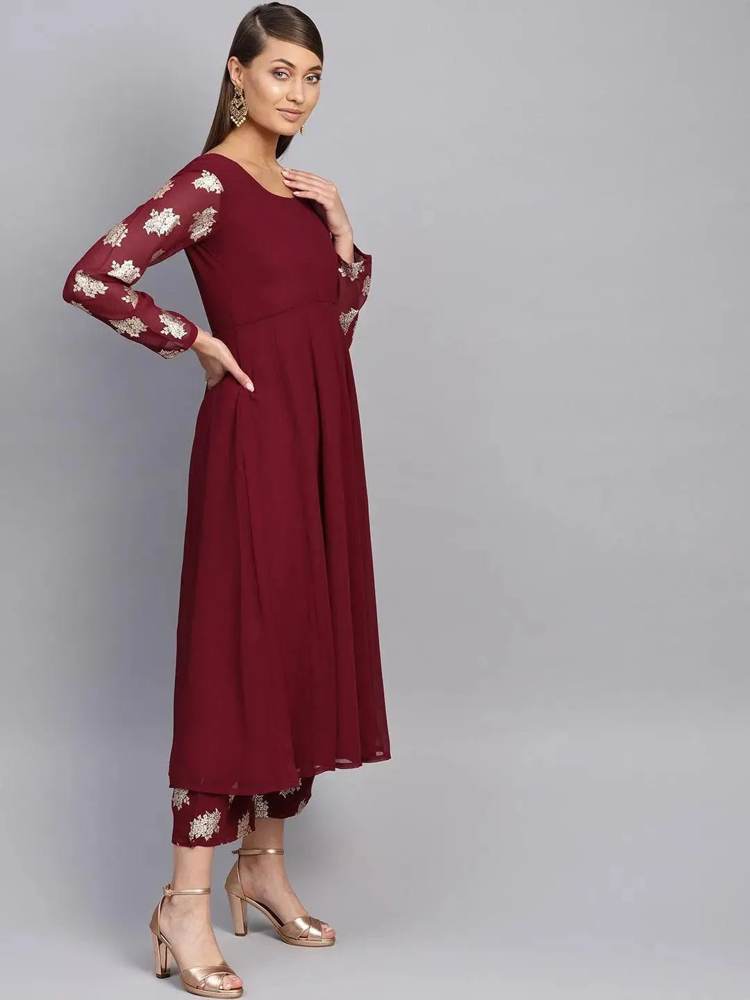 Anouk Maroon Solid Georgette Anarkali Kurta With Stole