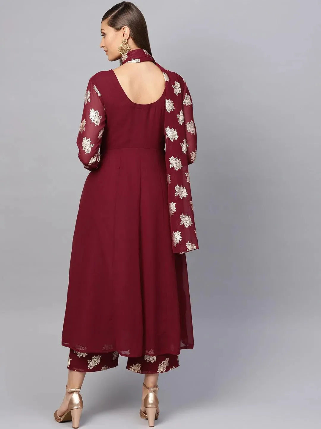 Anouk Maroon Solid Georgette Anarkali Kurta With Stole