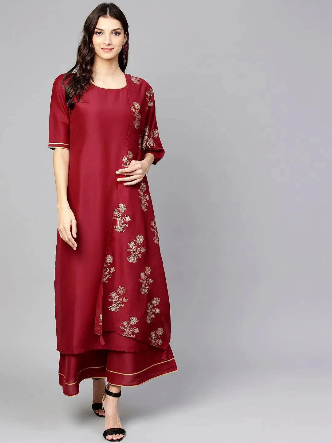 Anouk Maroon Solid Muslin Straight Kurta With Palazzos & Stole