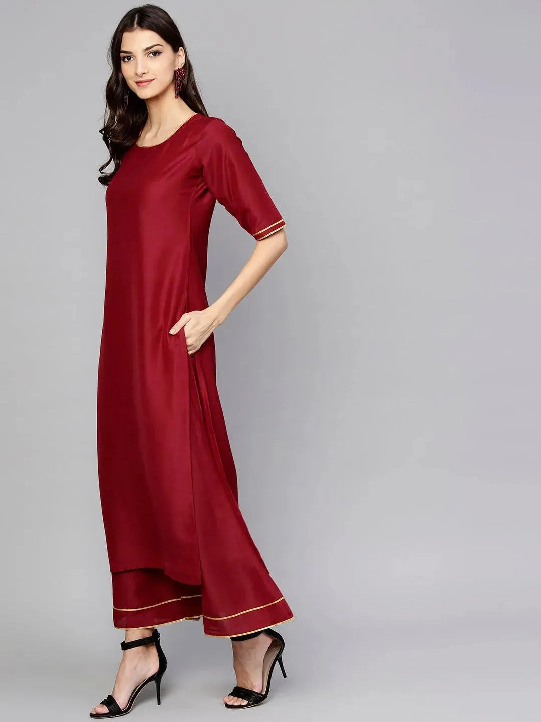 Anouk Maroon Solid Muslin Straight Kurta With Palazzos & Stole