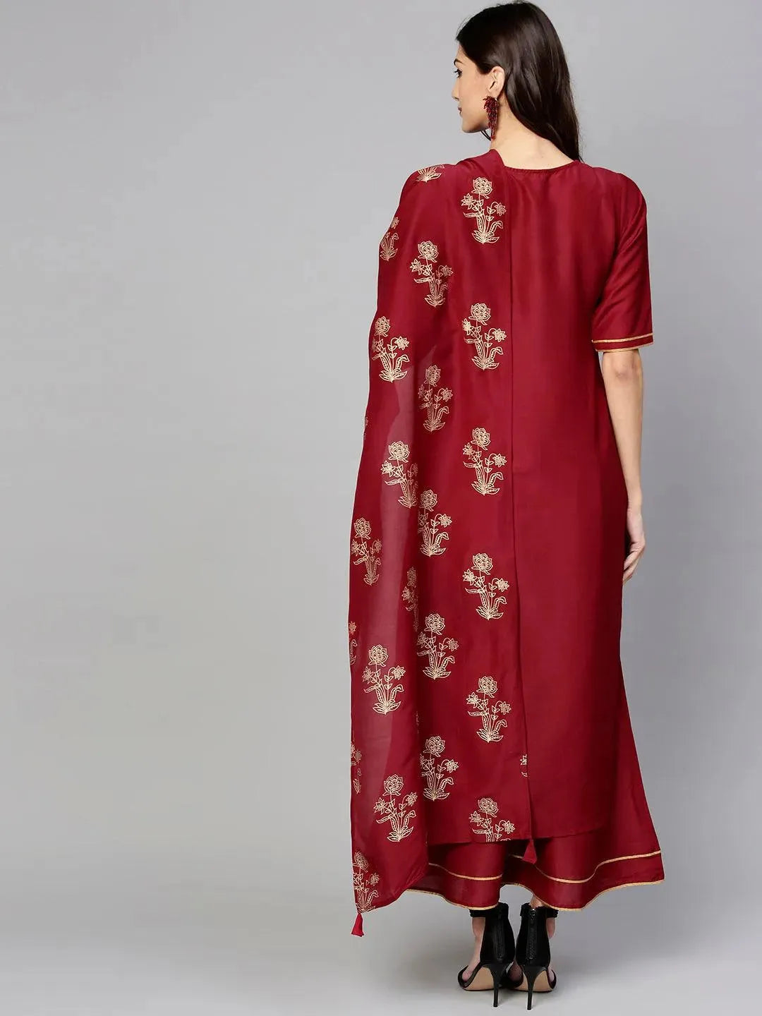 Anouk Maroon Solid Muslin Straight Kurta With Palazzos & Stole