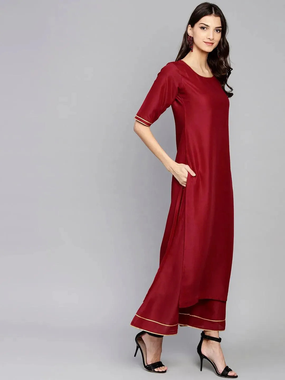 Anouk Maroon Solid Muslin Straight Kurta With Palazzos & Stole