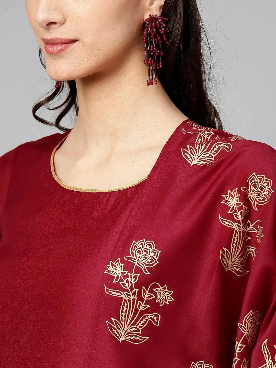 Anouk Maroon Solid Muslin Straight Kurta With Palazzos & Stole