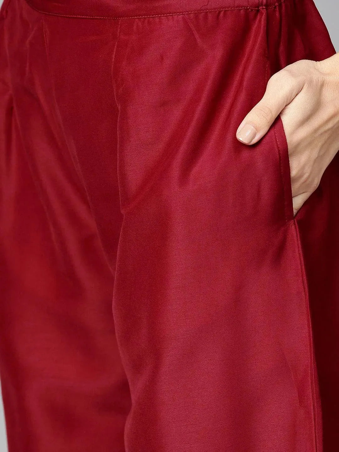 Anouk Maroon Solid Muslin Straight Kurta With Palazzos & Stole