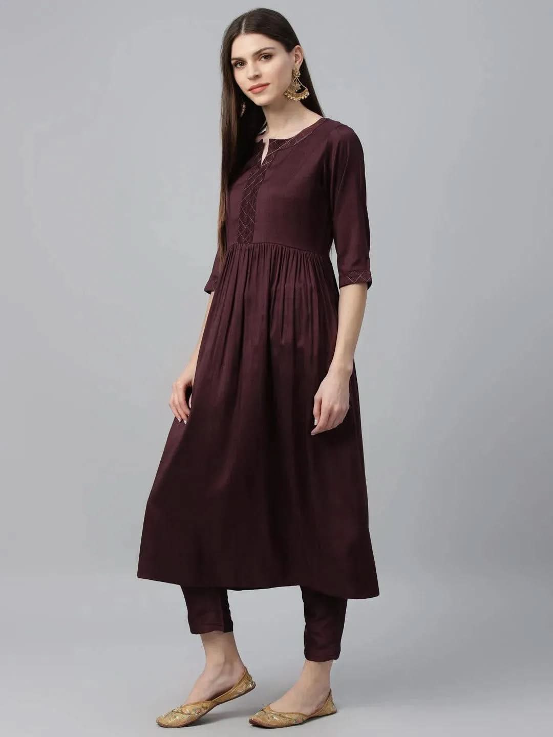 Anouk Maroon Solid Polyester A-Line Kurta With Trousers
