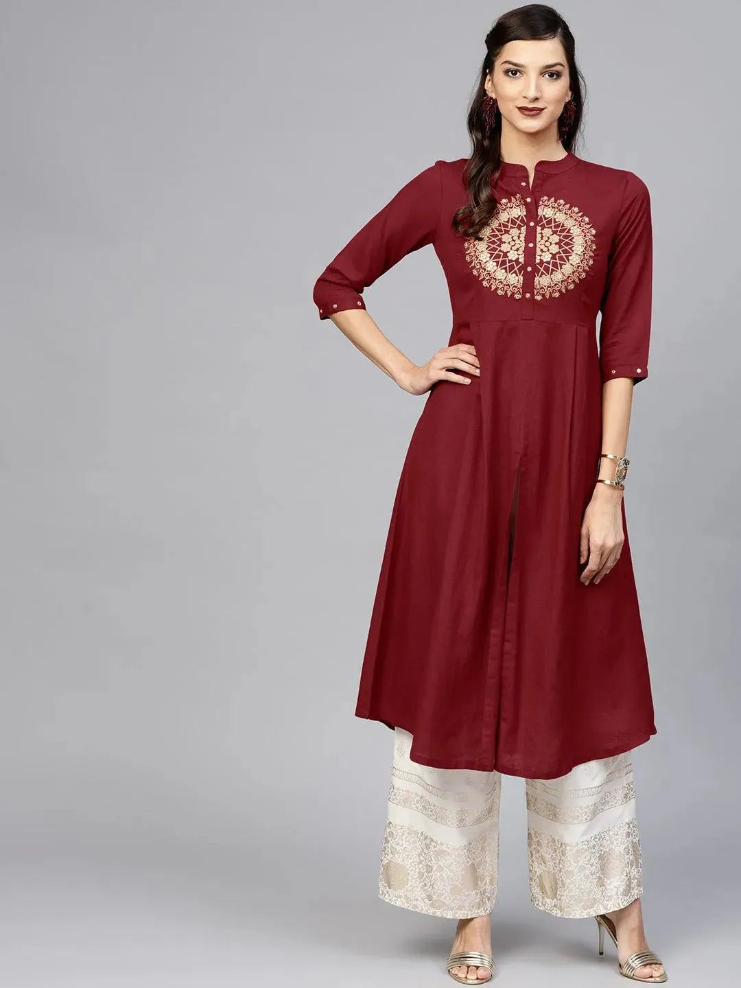 Anouk Maroon Solid Rayon Kurta