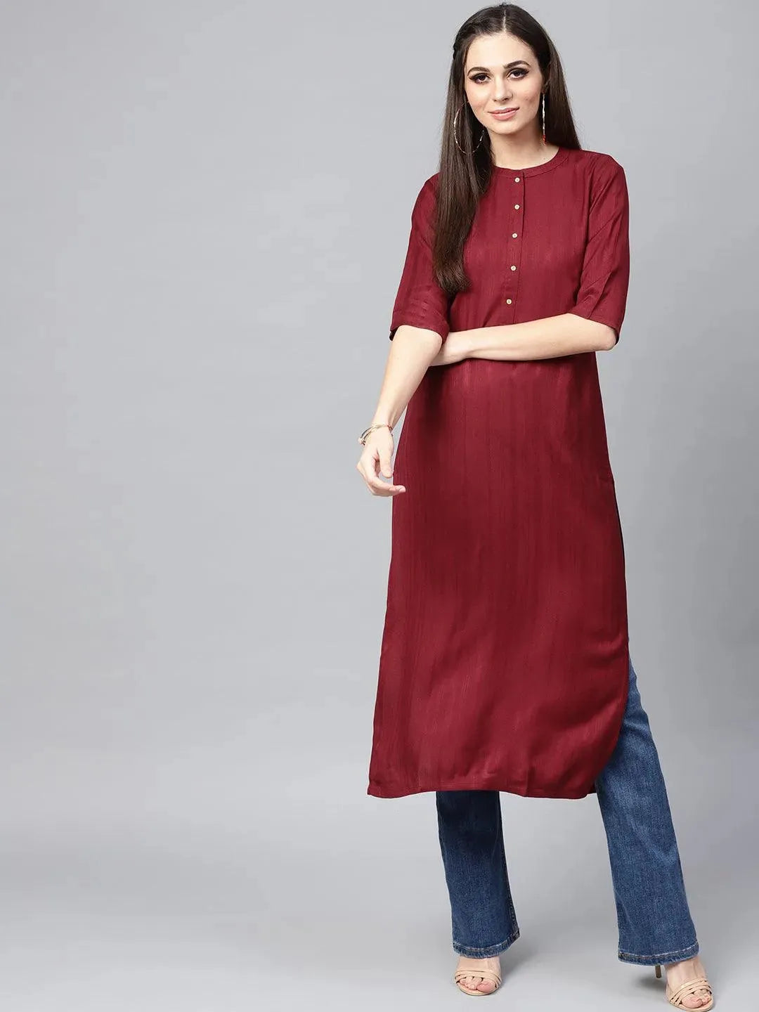 Anouk Maroon Solid Rayon Kurta