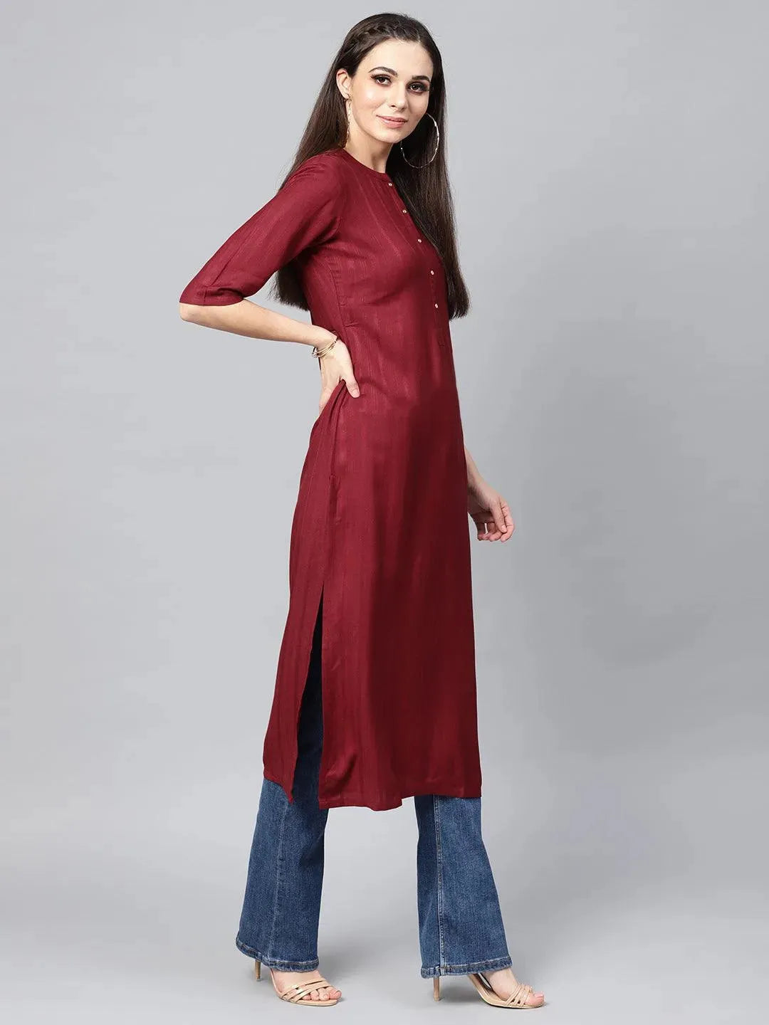 Anouk Maroon Solid Rayon Kurta