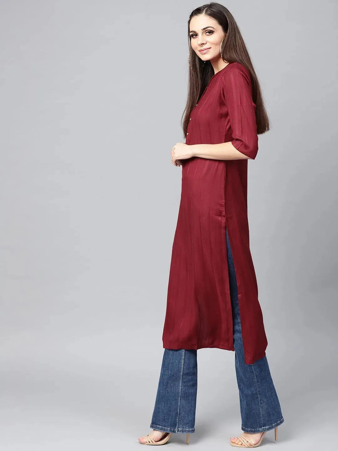 Anouk Maroon Solid Rayon Kurta