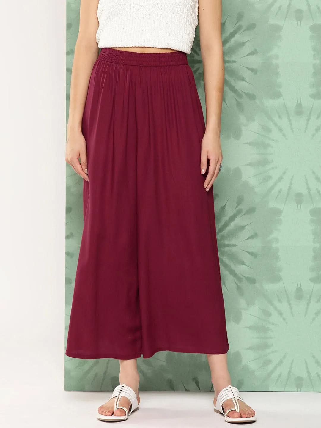 Anouk Maroon Solid Rayon Palazzos