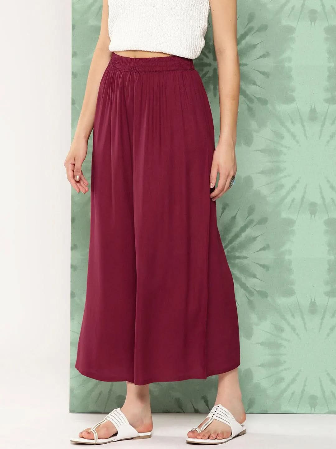 Anouk Maroon Solid Rayon Palazzos