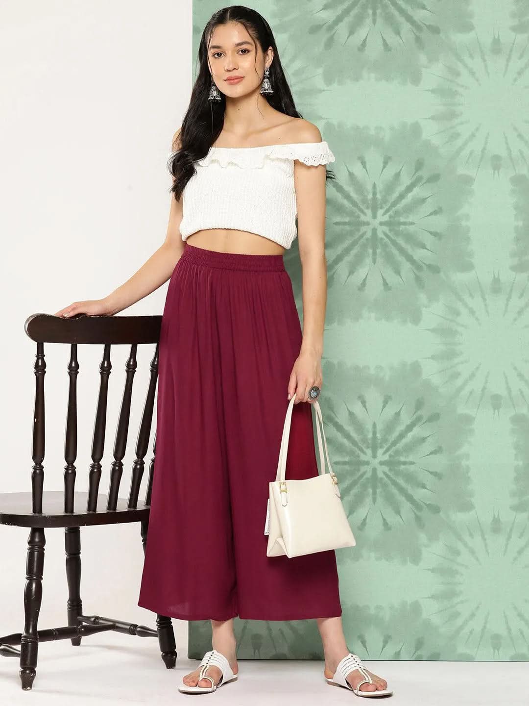 Anouk Maroon Solid Rayon Palazzos
