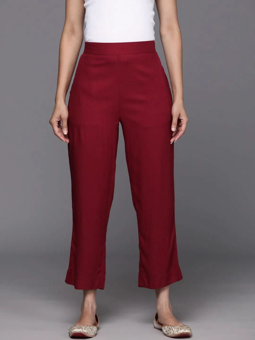 Anouk Maroon Solid Rayon Trousers