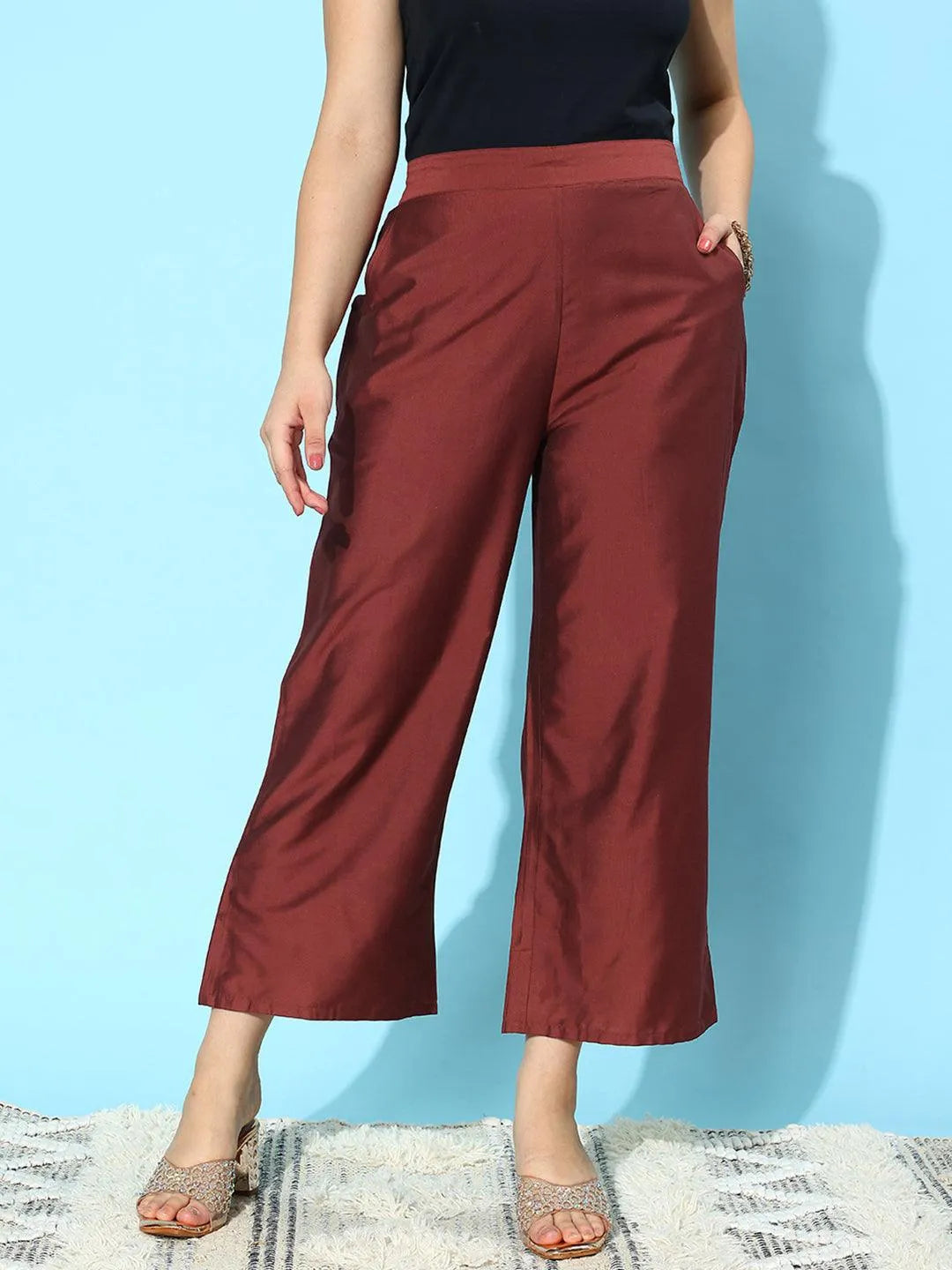 Anouk Maroon Solid Silk Palazzos