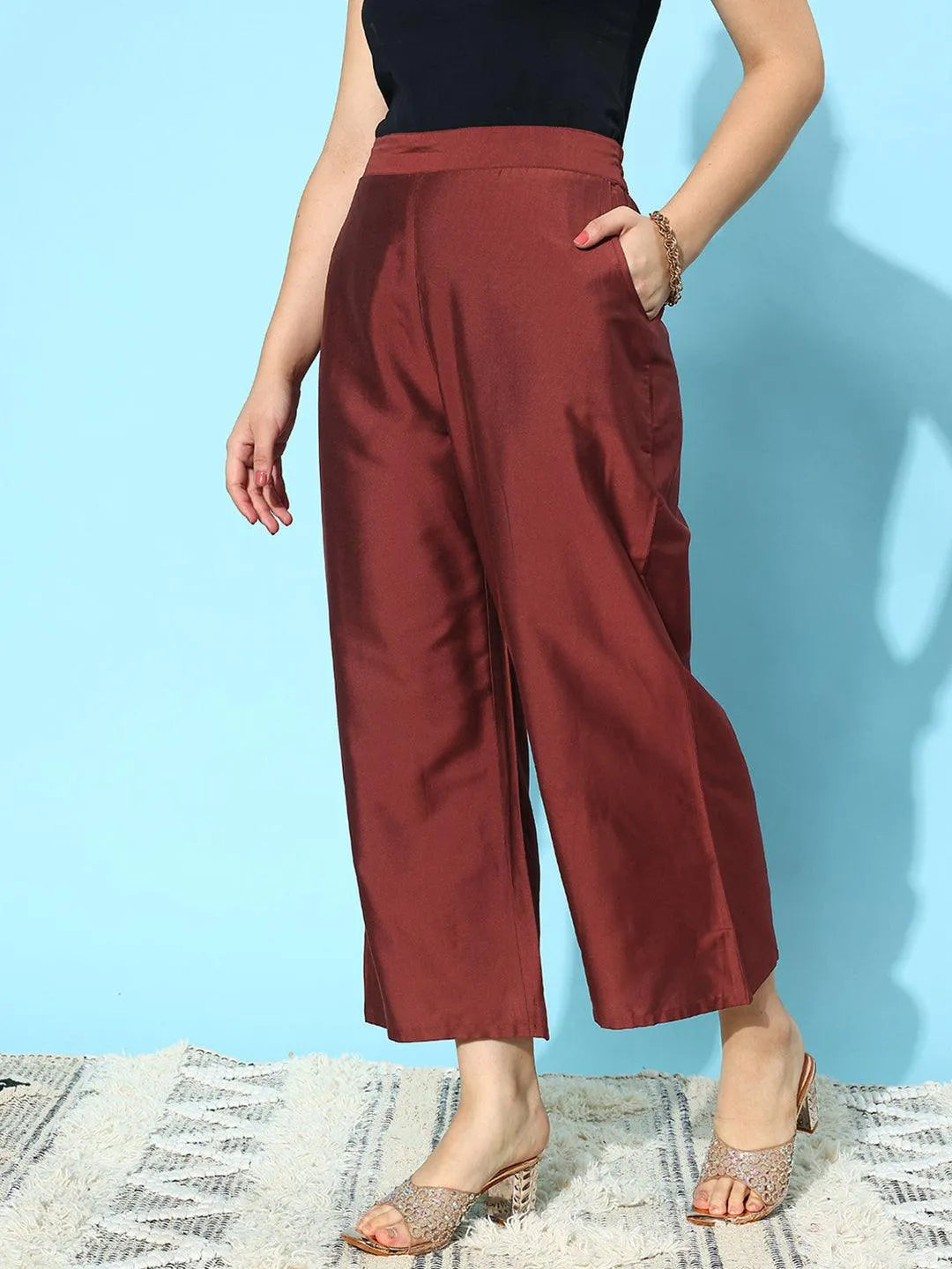Anouk Maroon Solid Silk Palazzos