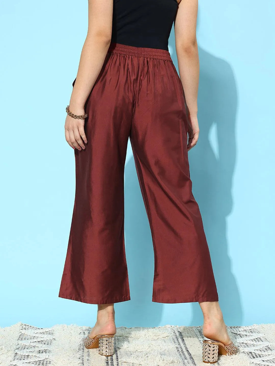Anouk Maroon Solid Silk Palazzos