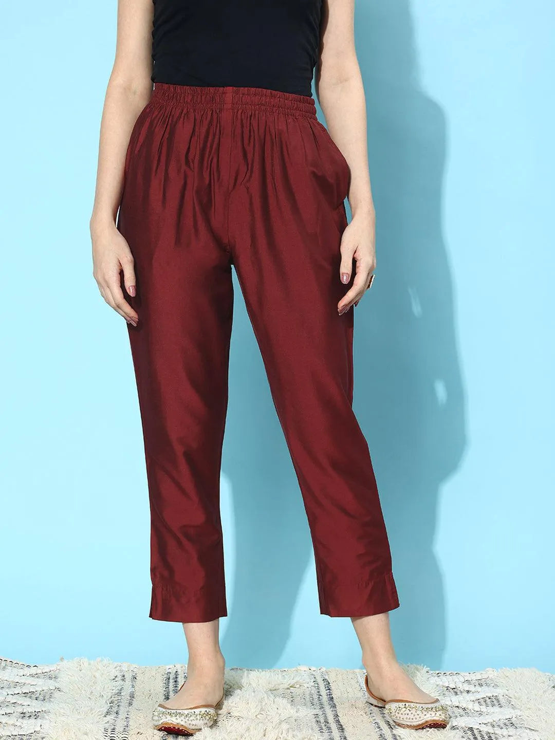 Anouk Maroon Solid Silk Trousers