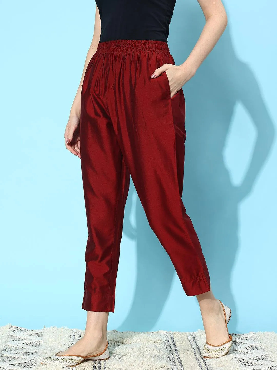 Anouk Maroon Solid Silk Trousers