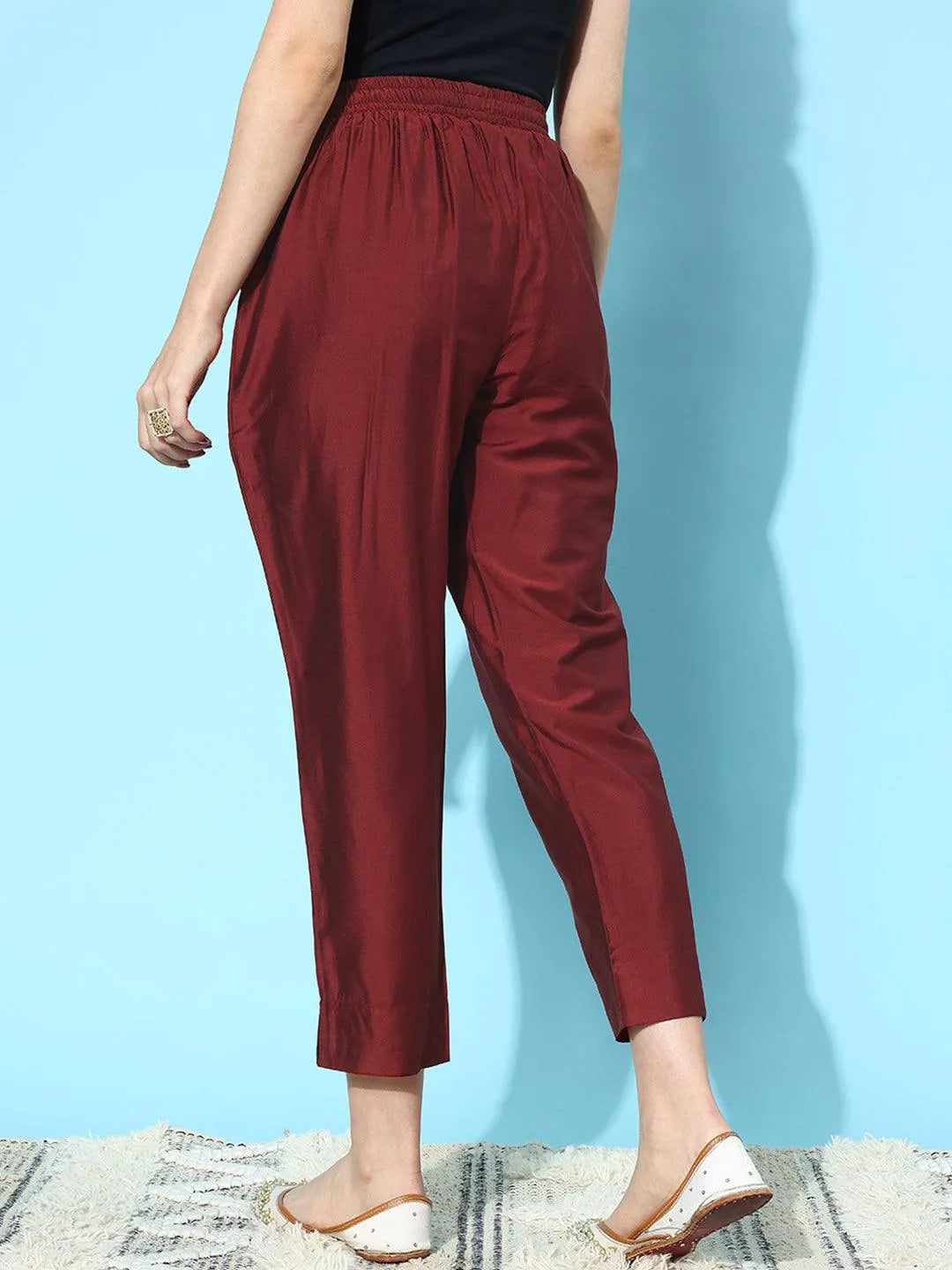 Anouk Maroon Solid Silk Trousers