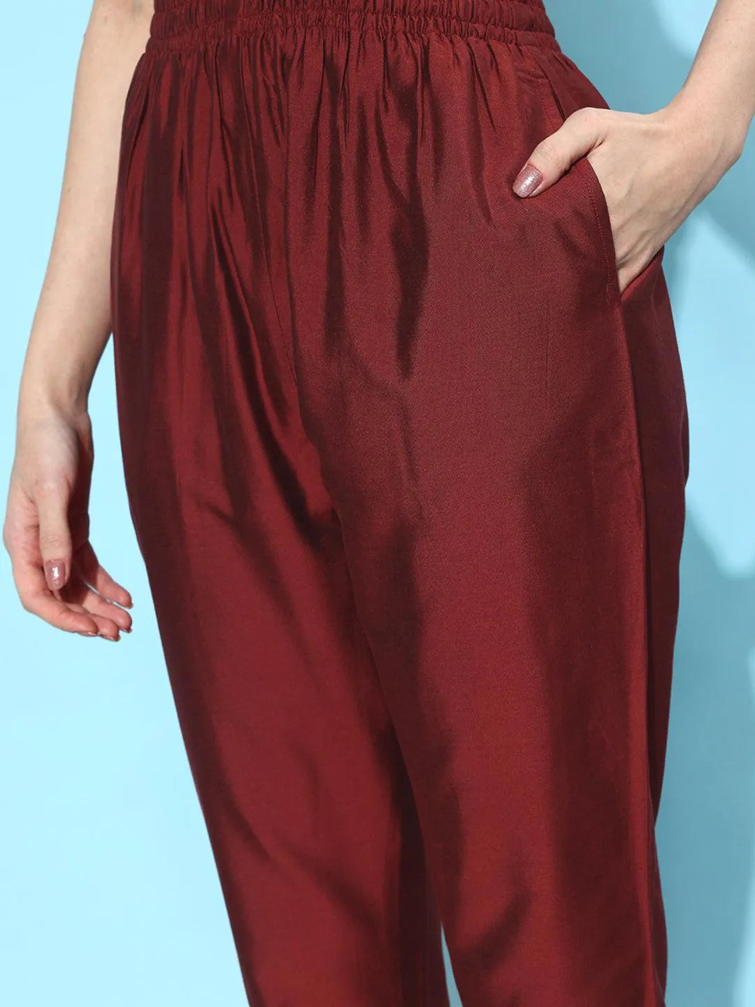 Anouk Maroon Solid Silk Trousers