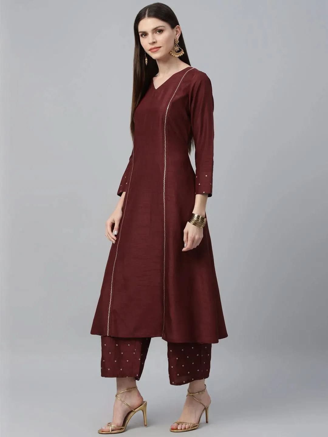 Anouk Maroon Striped Polyester A-Line Kurta With Palazzos