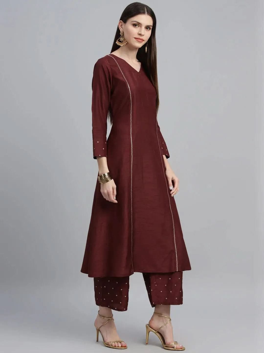 Anouk Maroon Striped Polyester A-Line Kurta With Palazzos