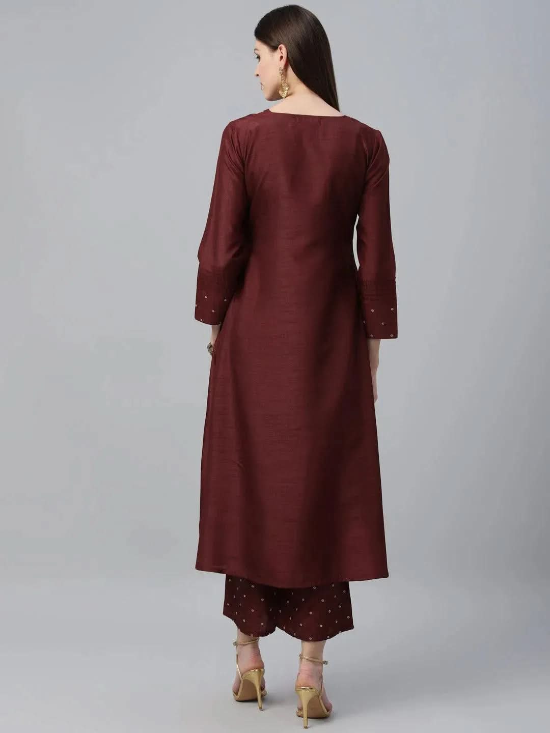 Anouk Maroon Striped Polyester A-Line Kurta With Palazzos
