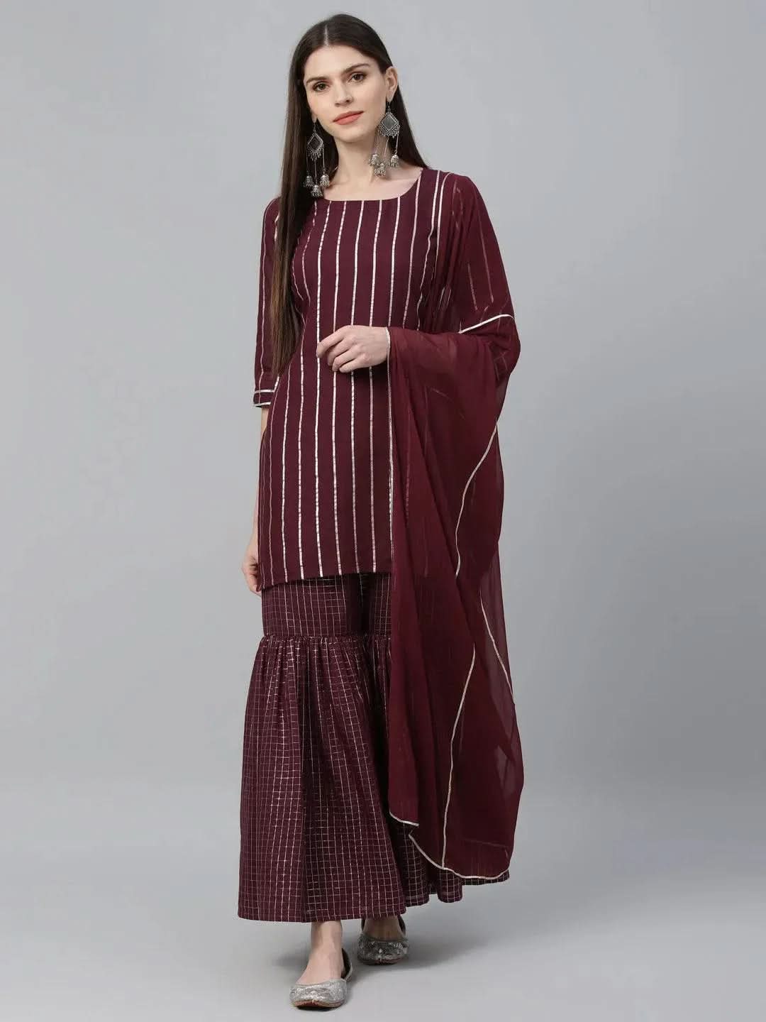 Anouk Maroon Striped Polyester Straight Kurta With Sharara & Dupatta
