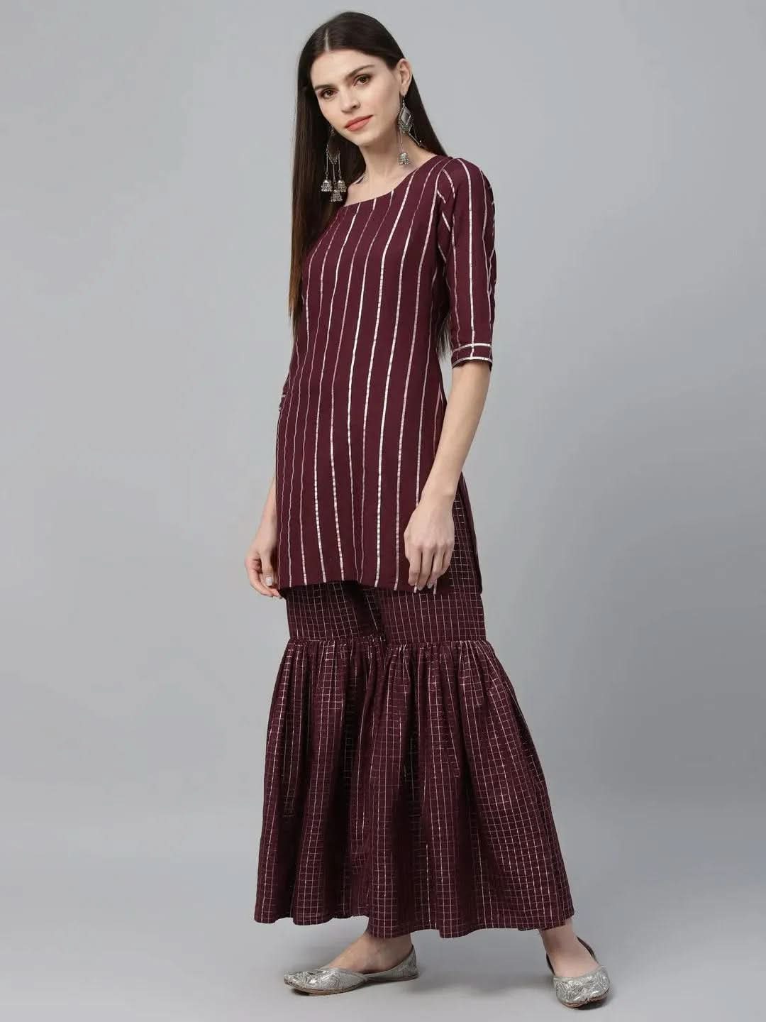 Anouk Maroon Striped Polyester Straight Kurta With Sharara & Dupatta