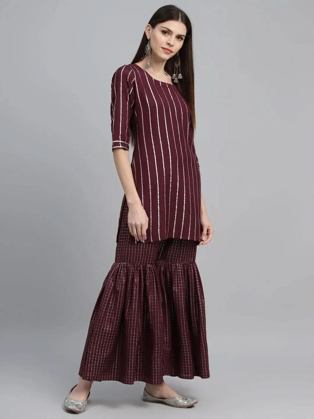 Anouk Maroon Striped Polyester Straight Kurta With Sharara & Dupatta