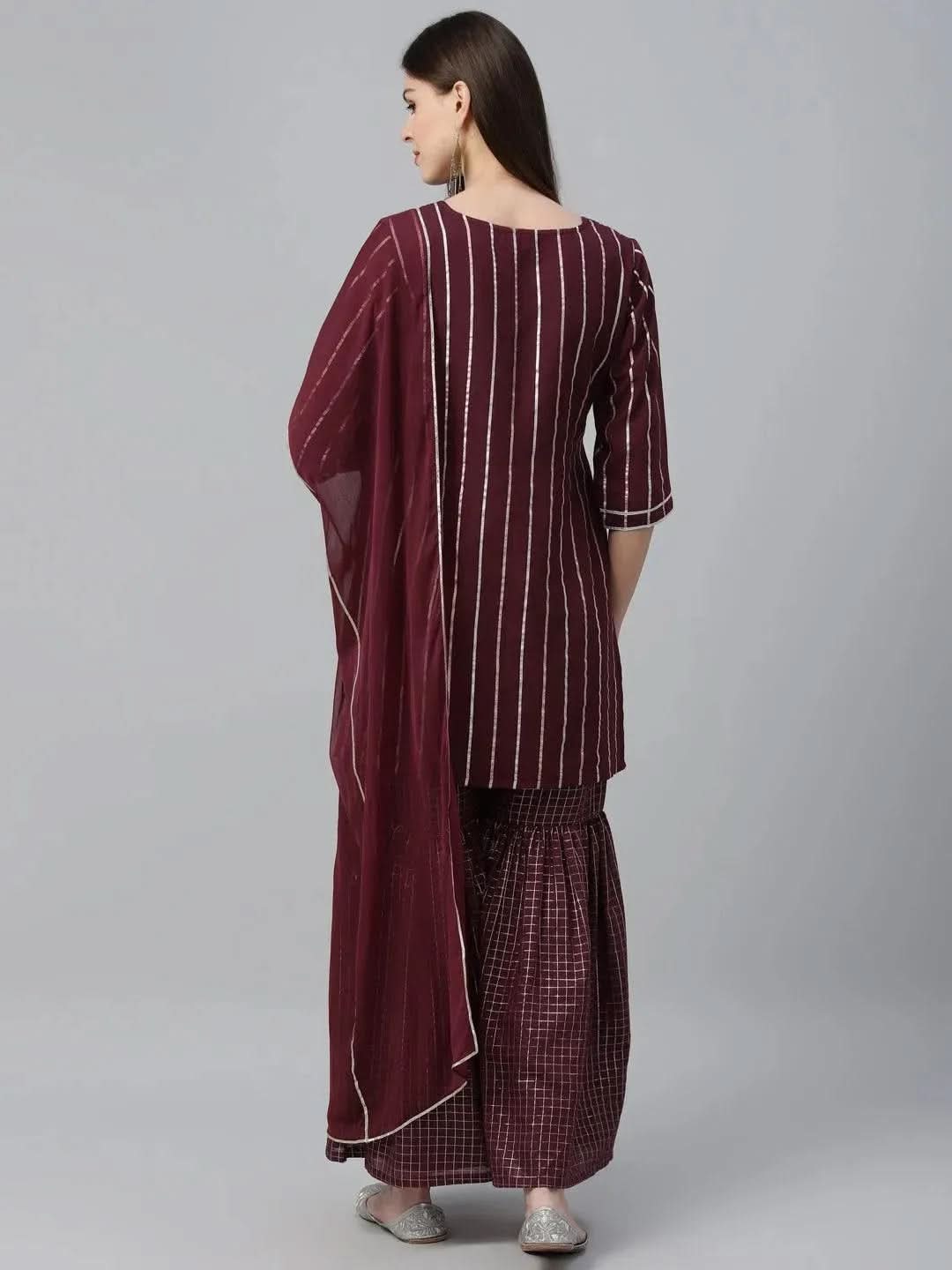 Anouk Maroon Striped Polyester Straight Kurta With Sharara & Dupatta