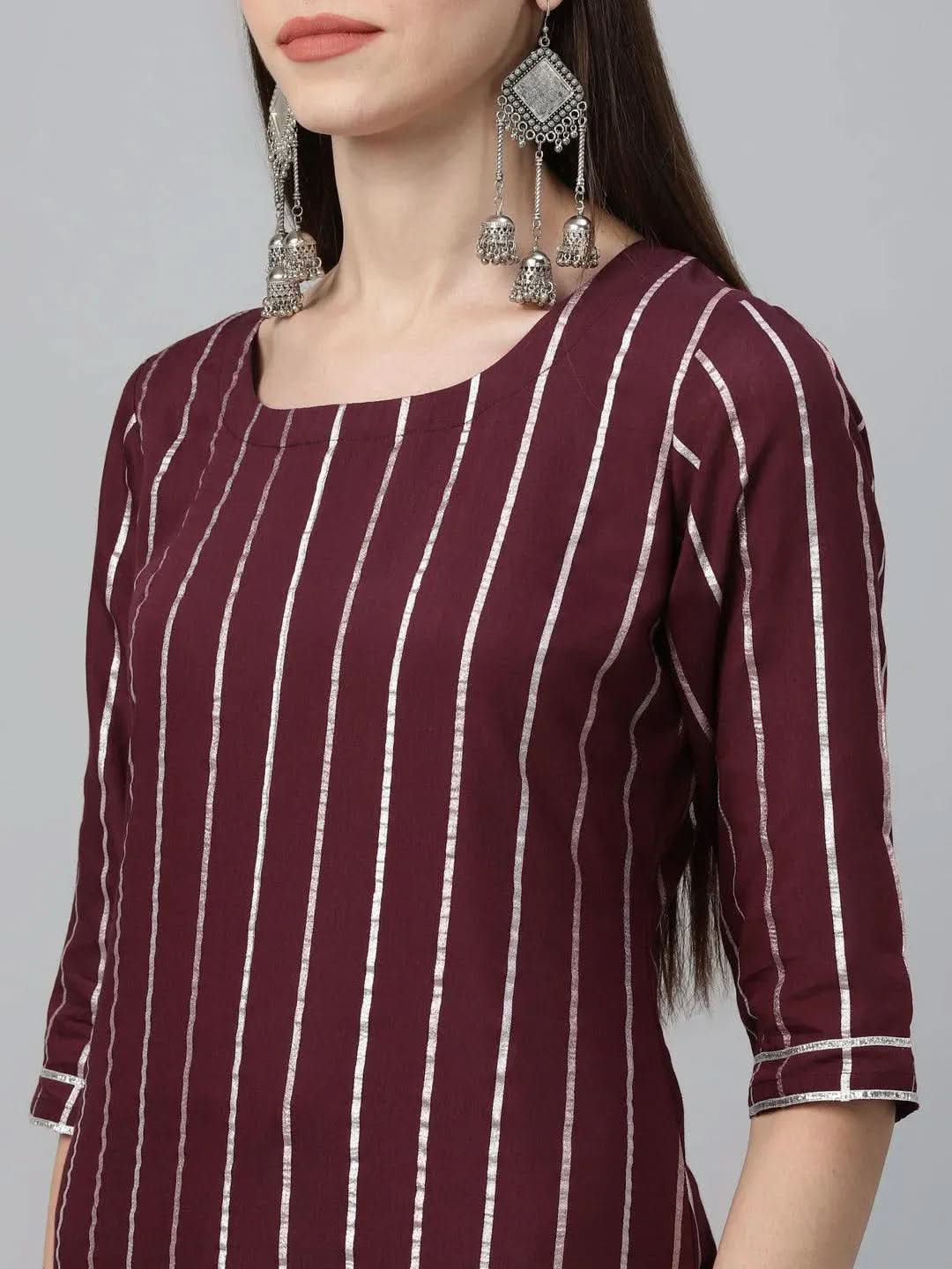 Anouk Maroon Striped Polyester Straight Kurta With Sharara & Dupatta