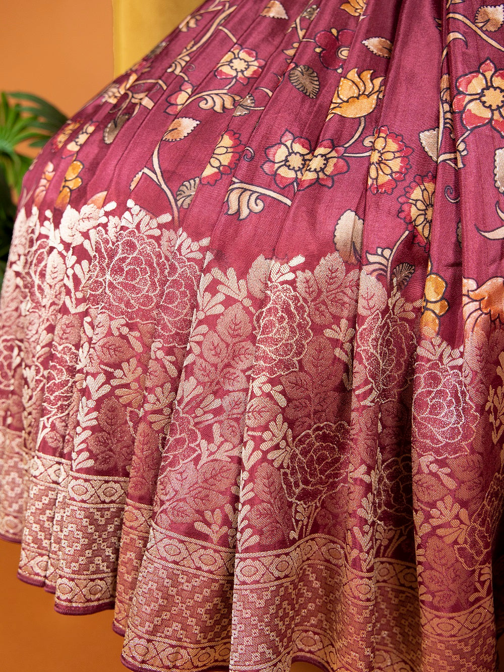 Maroon Viscose Kalamkari Saree with Zari Weaving & Tassels