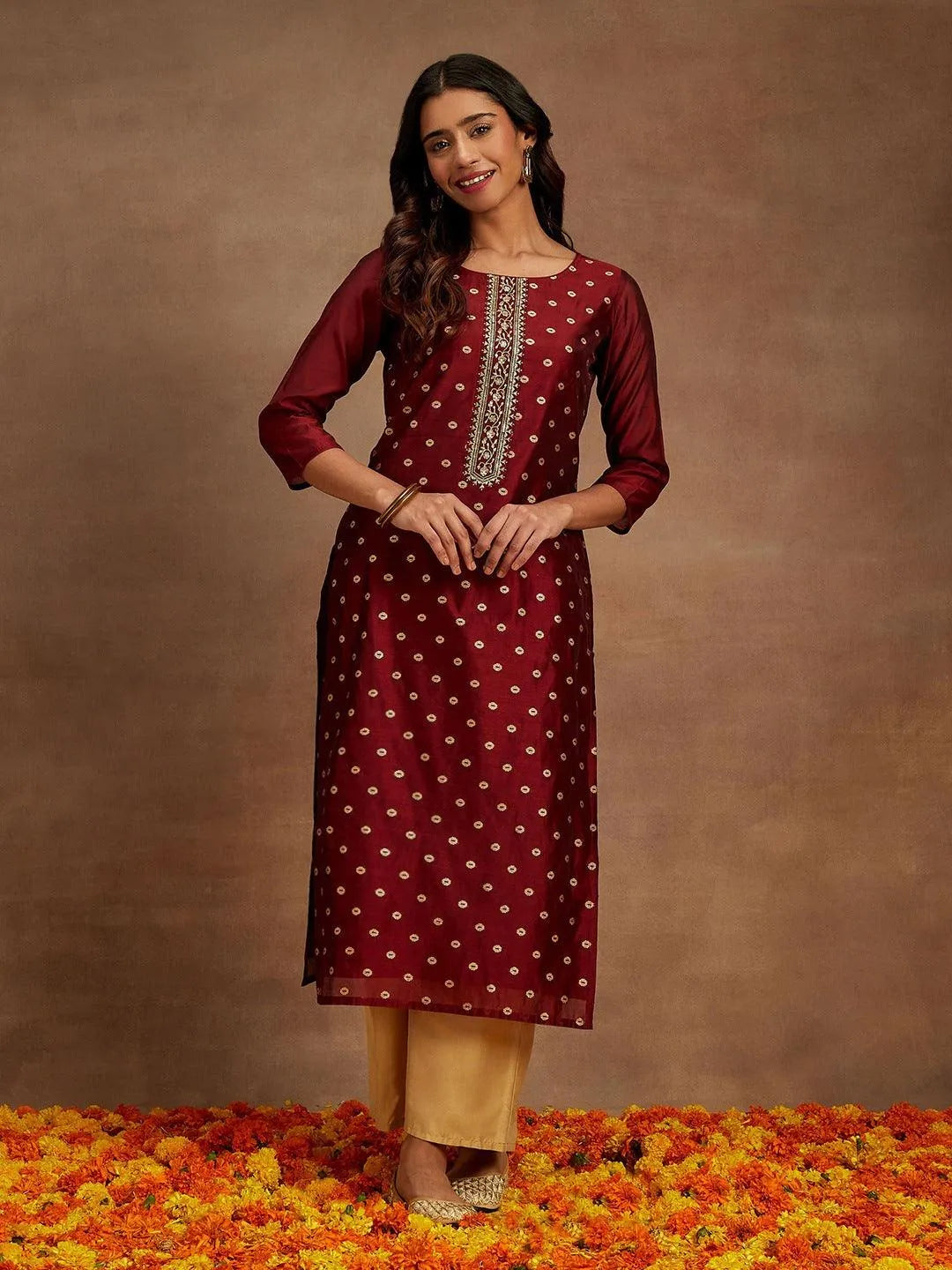 Anouk Maroon Woven Design Chanderi Silk Straight Kurta