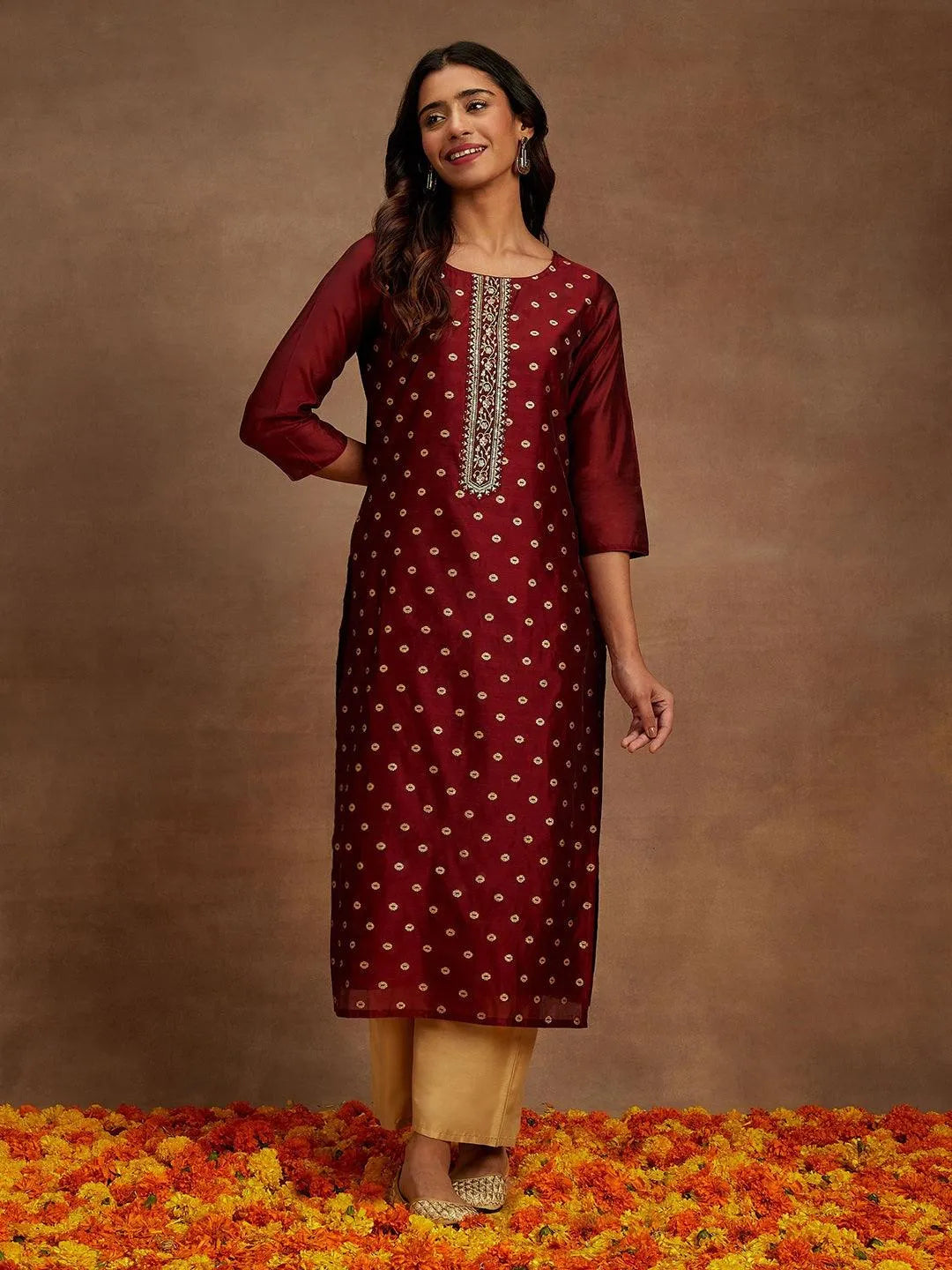 Anouk Maroon Woven Design Chanderi Silk Straight Kurta