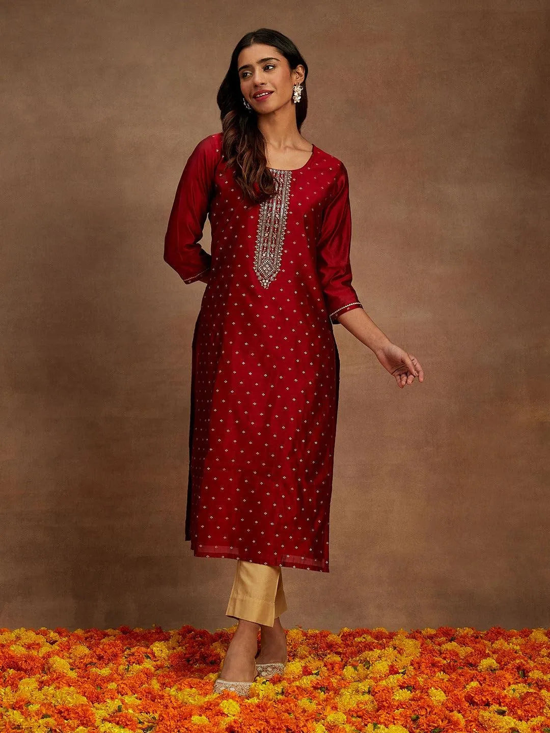 Anouk Maroon Woven Design Chanderi Silk Straight Kurta