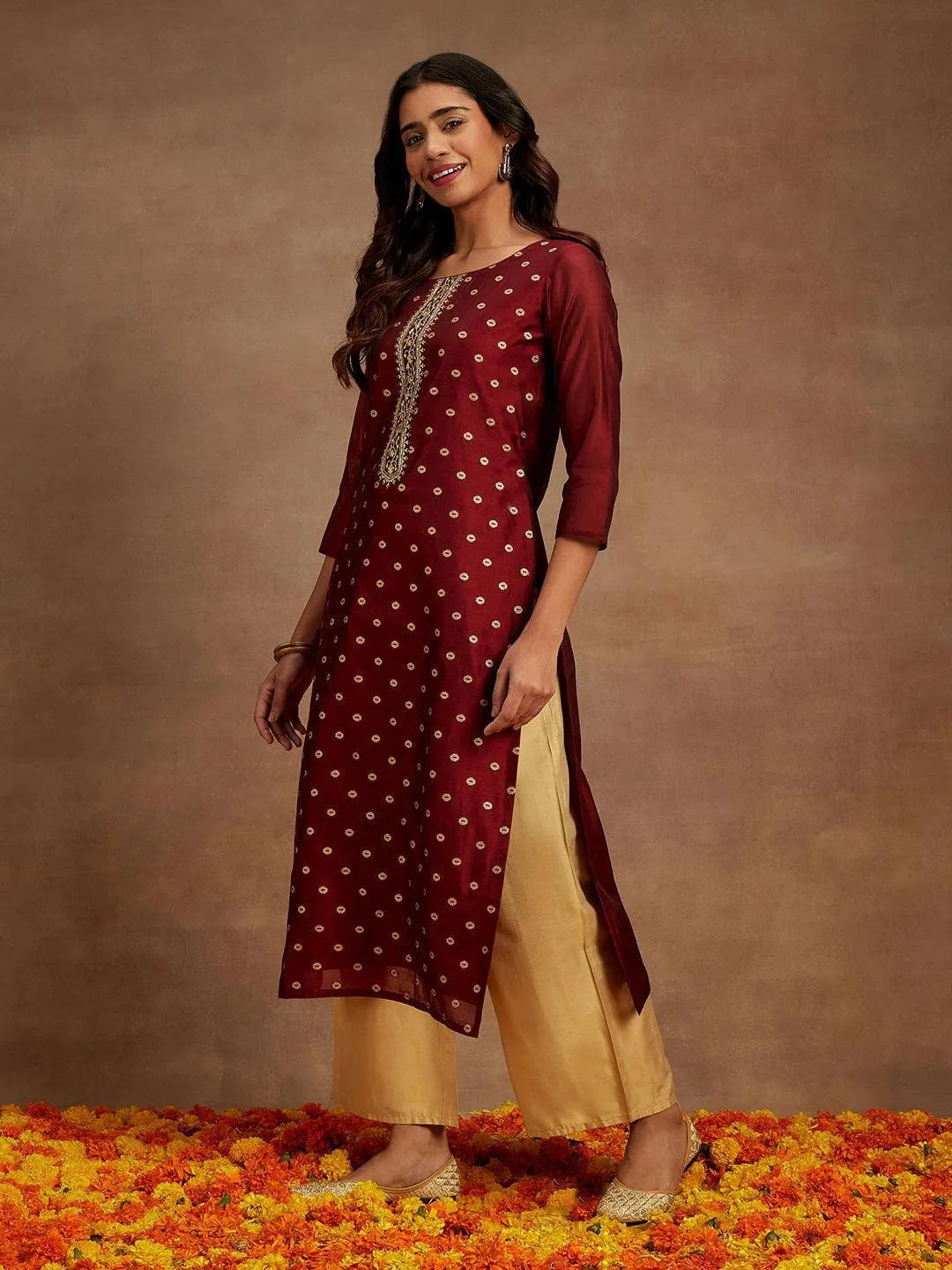 Anouk Maroon Woven Design Chanderi Silk Straight Kurta