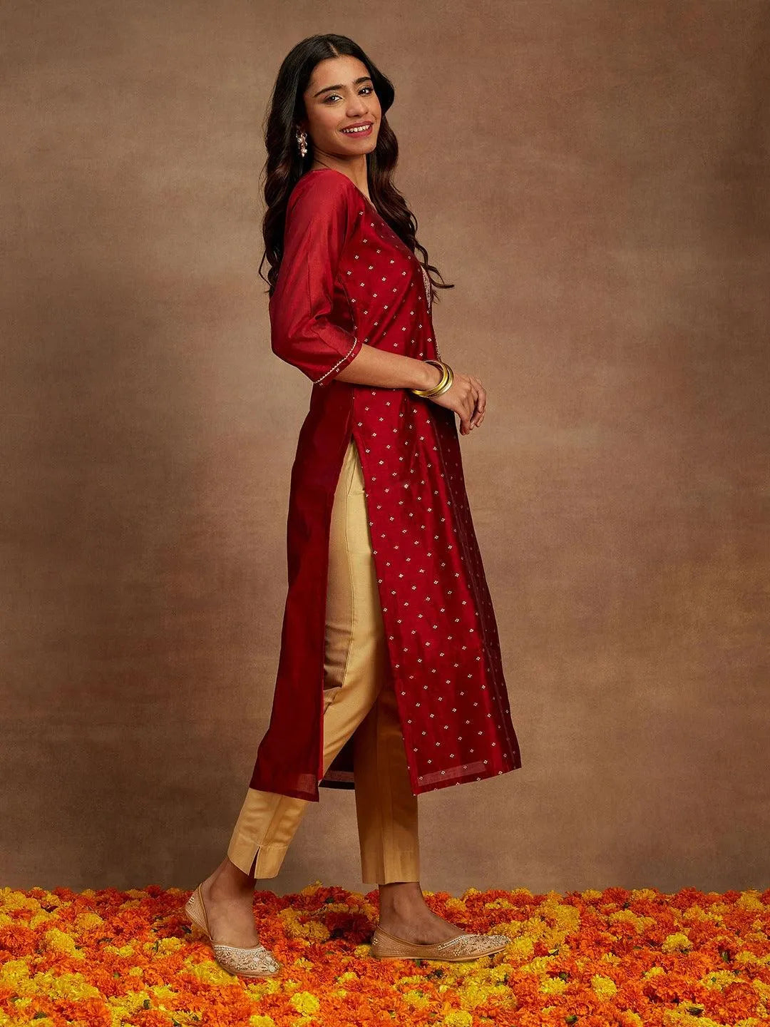 Anouk Maroon Woven Design Chanderi Silk Straight Kurta