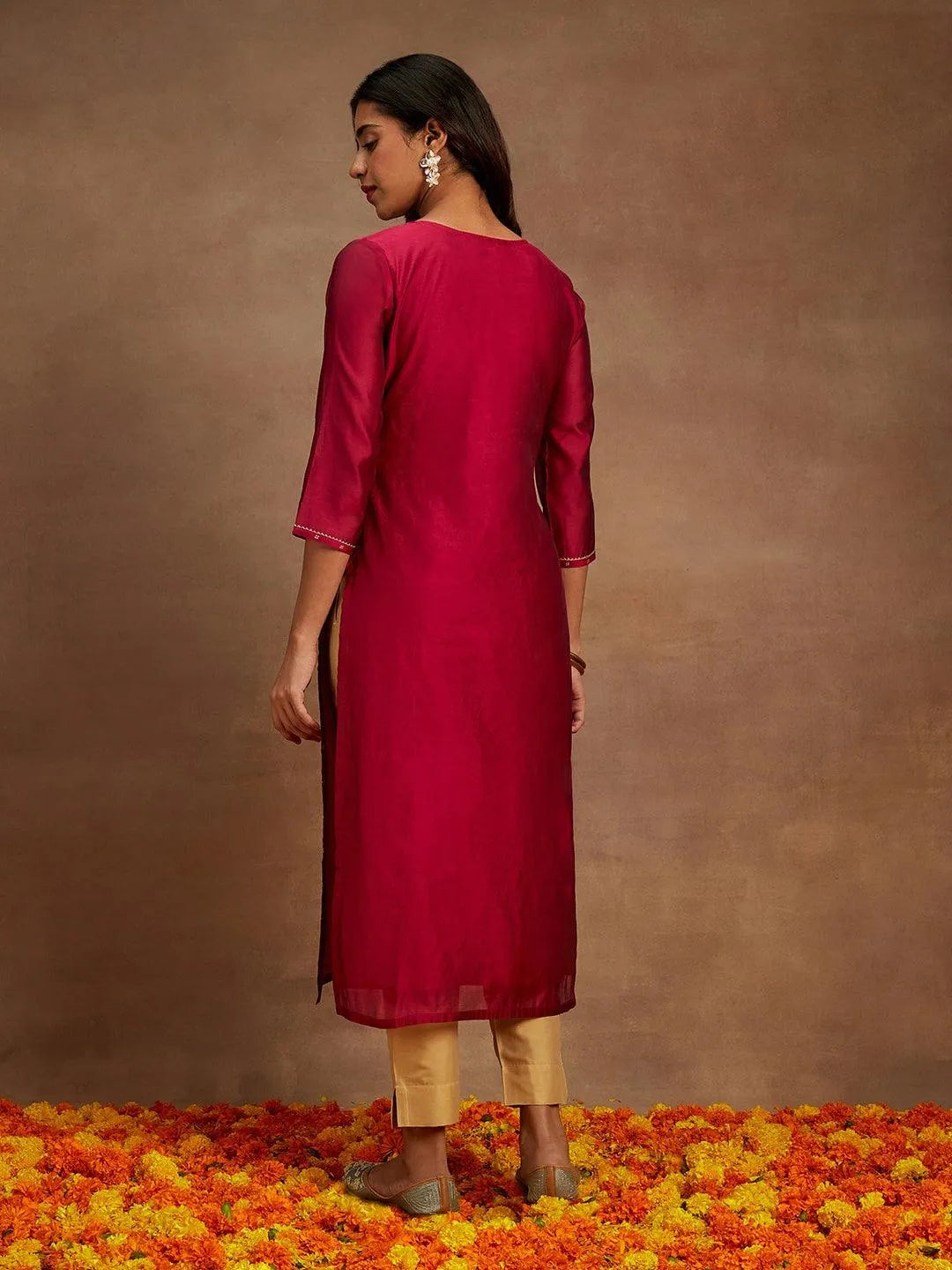 Anouk Maroon Woven Design Chanderi Silk Straight Kurta