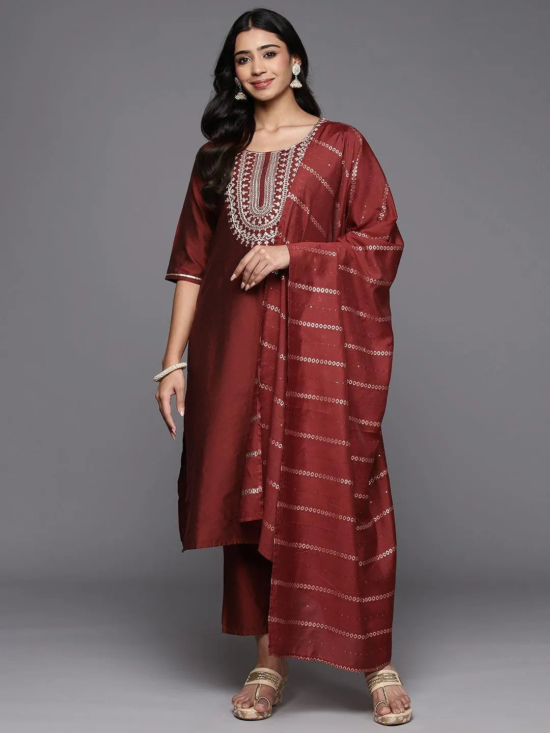 Anouk Maroon Yoke Design Silk Blend Straight Suit With Dupatta