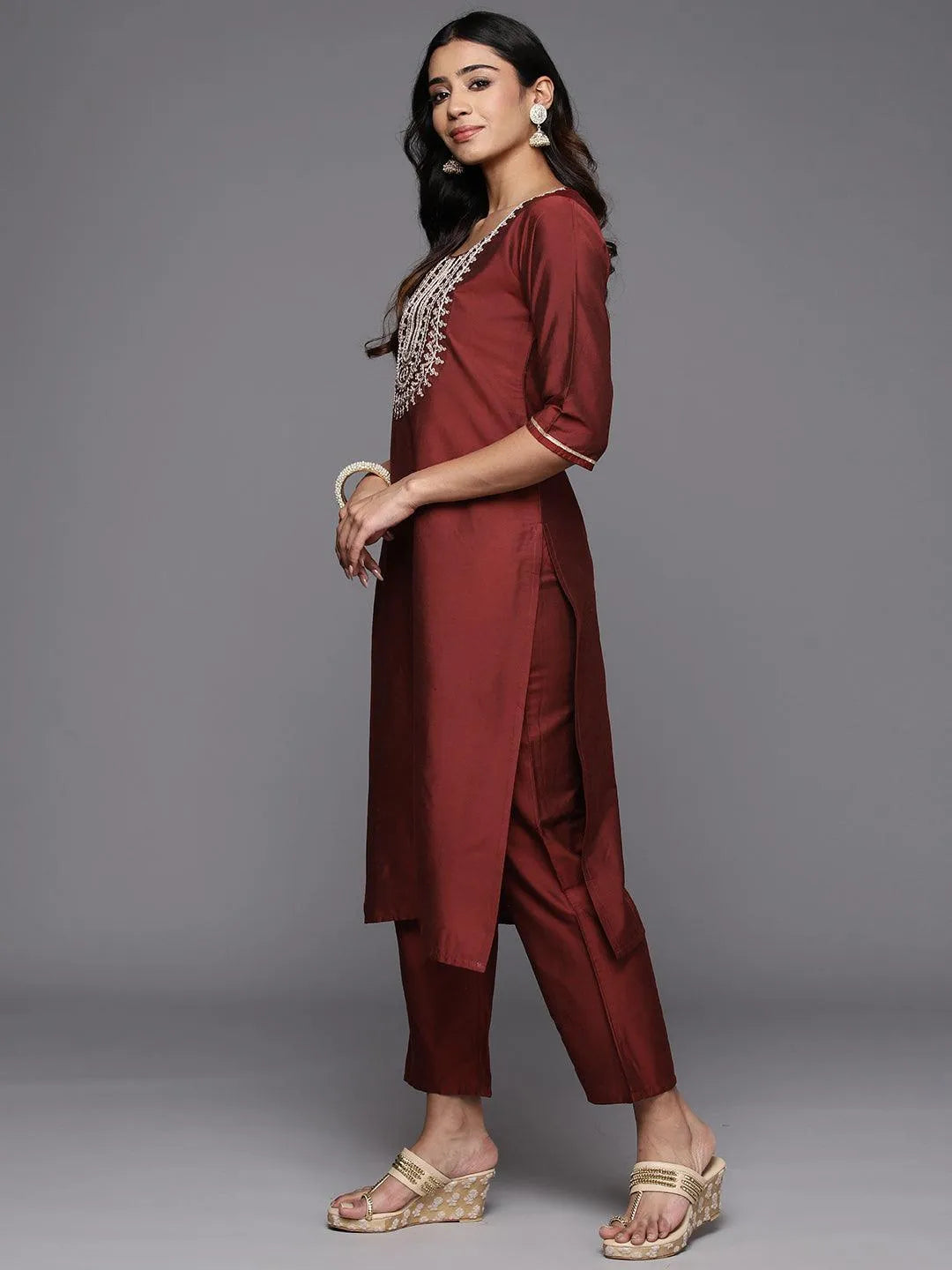 Anouk Maroon Yoke Design Silk Blend Straight Suit With Dupatta