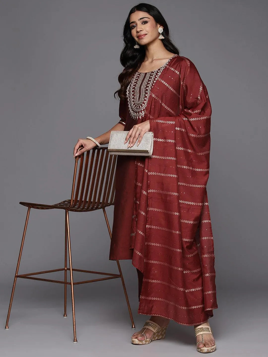 Anouk Maroon Yoke Design Silk Blend Straight Suit With Dupatta