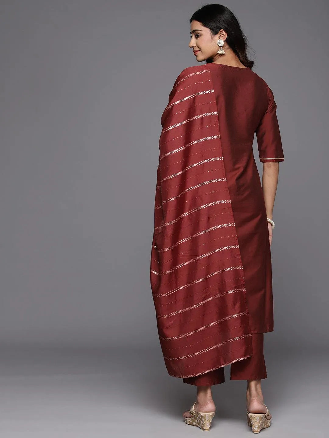 Anouk Maroon Yoke Design Silk Blend Straight Suit With Dupatta