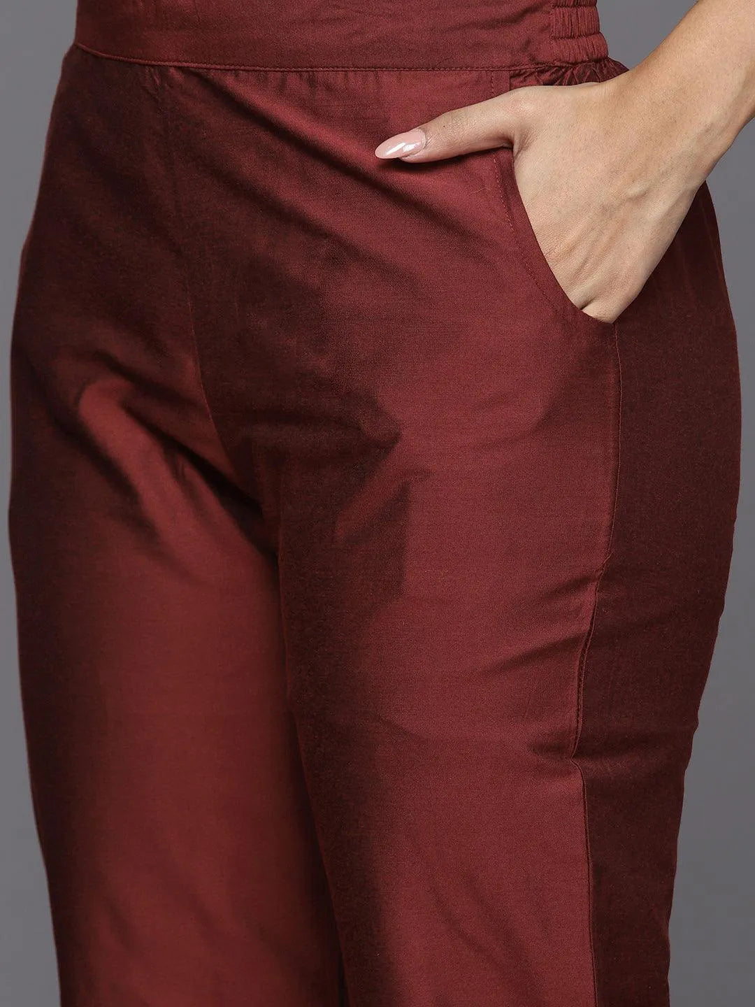 Anouk Maroon Yoke Design Silk Blend Straight Suit With Dupatta